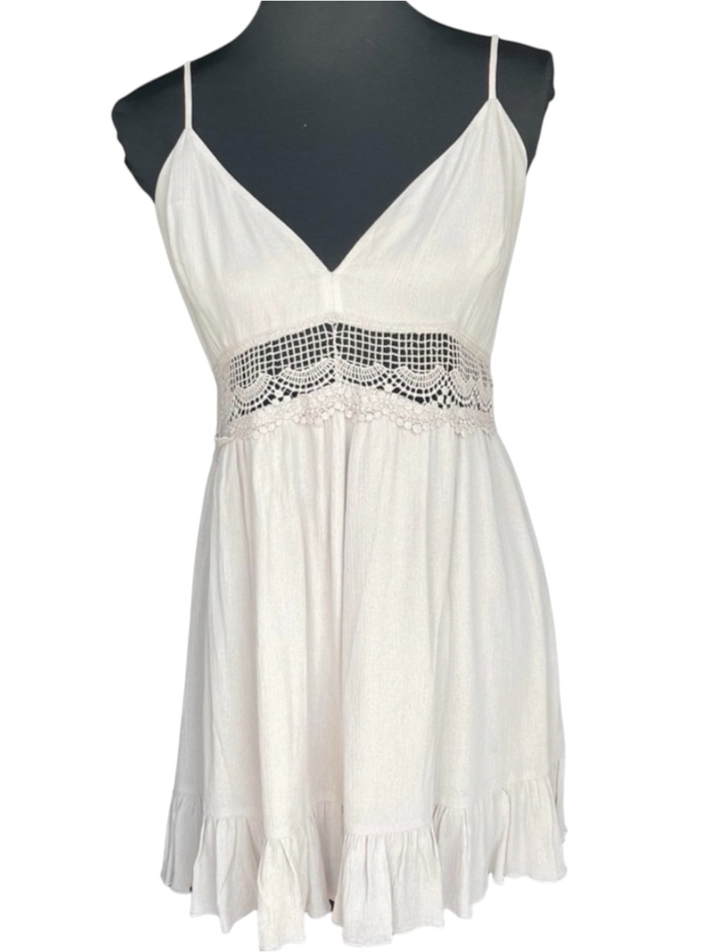 Garage Taupe Babydoll Crochet Inset Ruffle Hem Mini Dress (L)